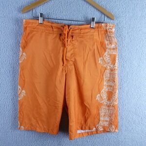 Red Camel Mens Orange Tiki Mask Tribal Print‎ Swim Trunks Board Shorts Size M